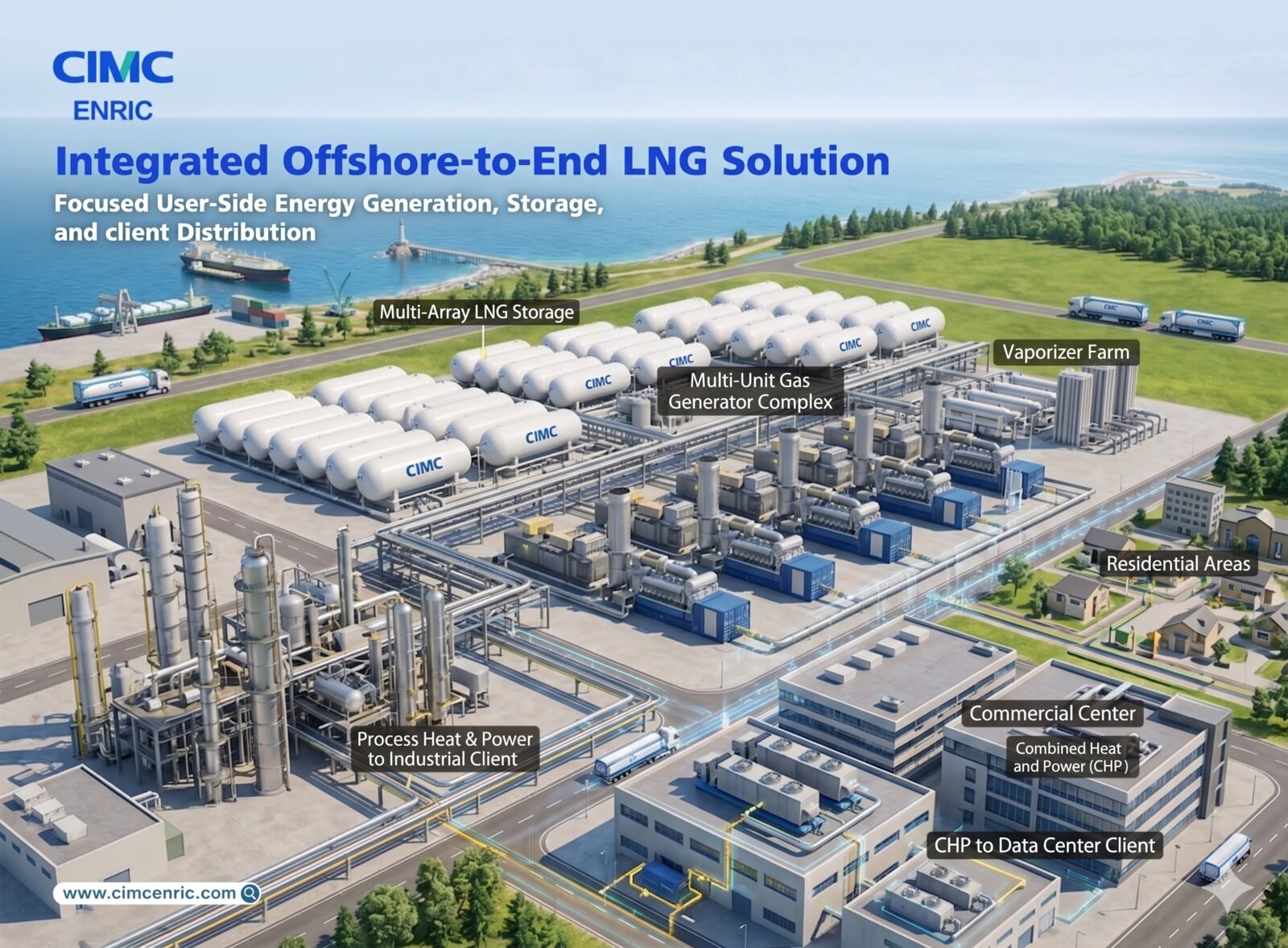Integrated LNG storage vaporizer gas generator complex for user-side energy generation